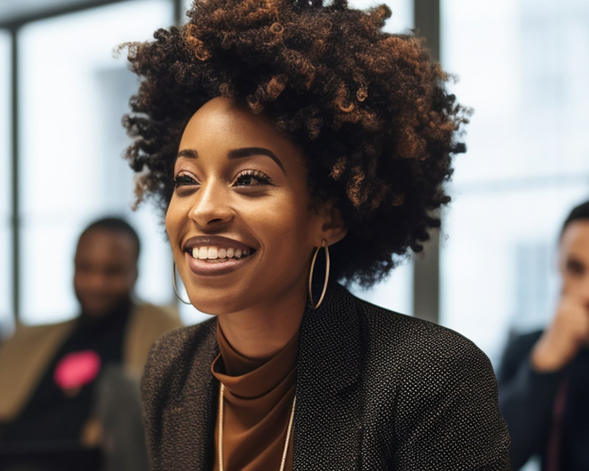 A woman with an afro smiling during a one-on-one conversation.